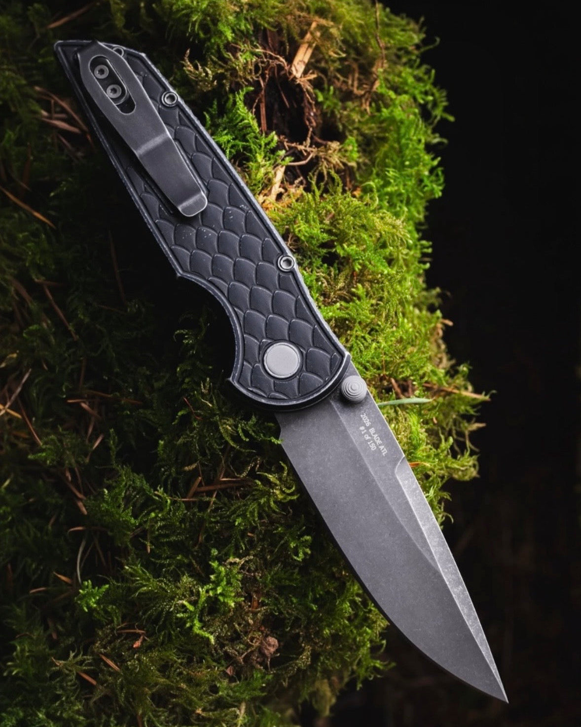 Pro-Tech BSA26.INT.1 Blade Show Atlanta 2026 Exclusive TR-3 INTEGRITY Manual - Battleworn REPTILE Textured Black Handle - Acid Wash MAGNACUT Blade - Mosaic Pin Button - Blasted Hardware /150