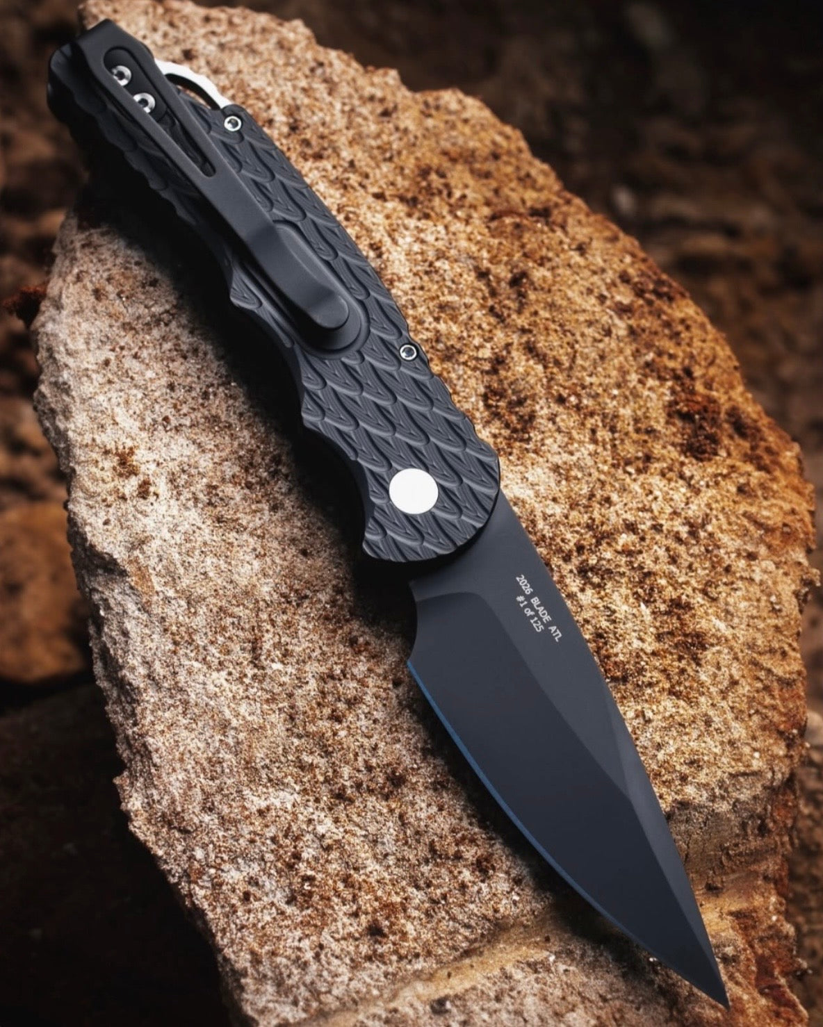 Pro-Tech BSA26.TR5.1 Blade Show Atlanta 26 Exclusive TR-5 AUTO  - Black "Feather" Texture Handle - DLC Black S35 Blade - Black Lip Pearl Button - Secondary Slide Safety /125