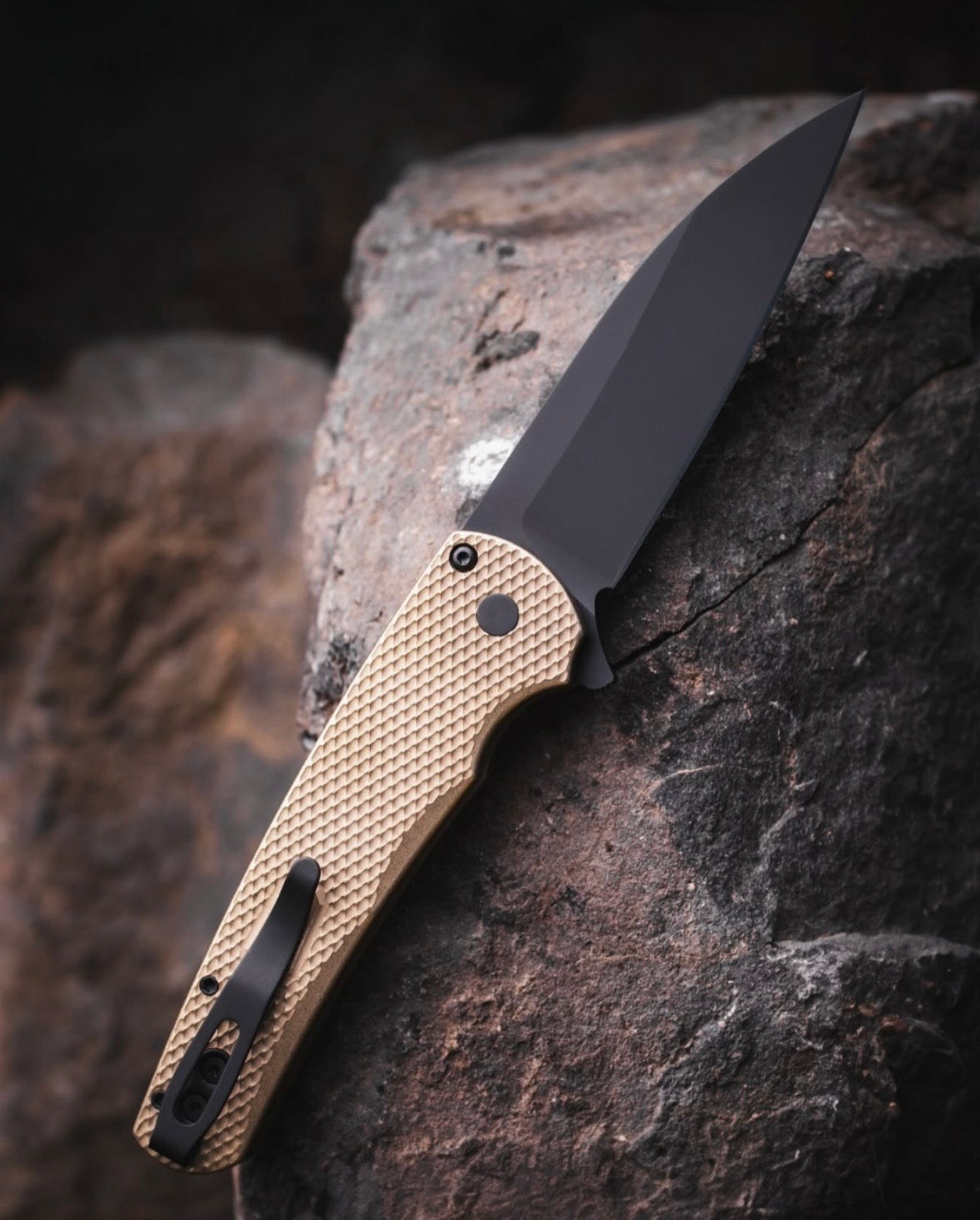 Pro-Tech 5316 Malibu - Textured AlBronze Handle - DLC Black Wharncliffe Blade - Black Lip Button
