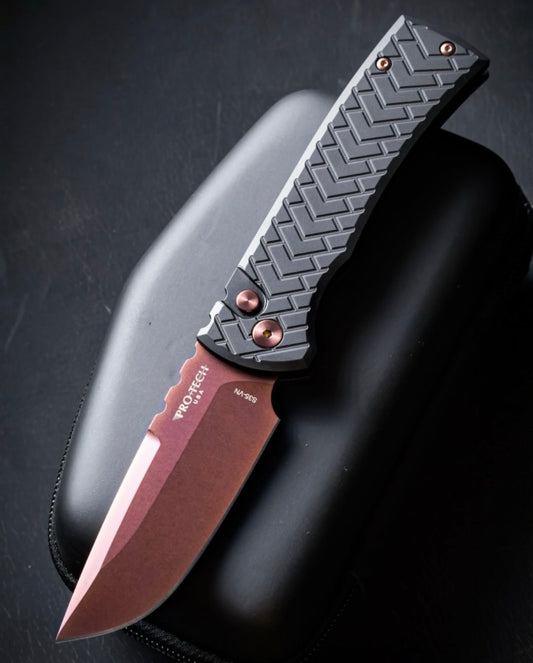 Pro-Tech x Chaves BSA26.Redencion.1 Blade Show Atlanta 26 Exclusive 229 Redencion AUTO - Black "Tread" Milled Handles - Copper Rose PVD Drop Point S35vn Blade -  Black Lip Pearl Button - Matching Copper Rose Hardware and Steel Milled Skull Clip /65
