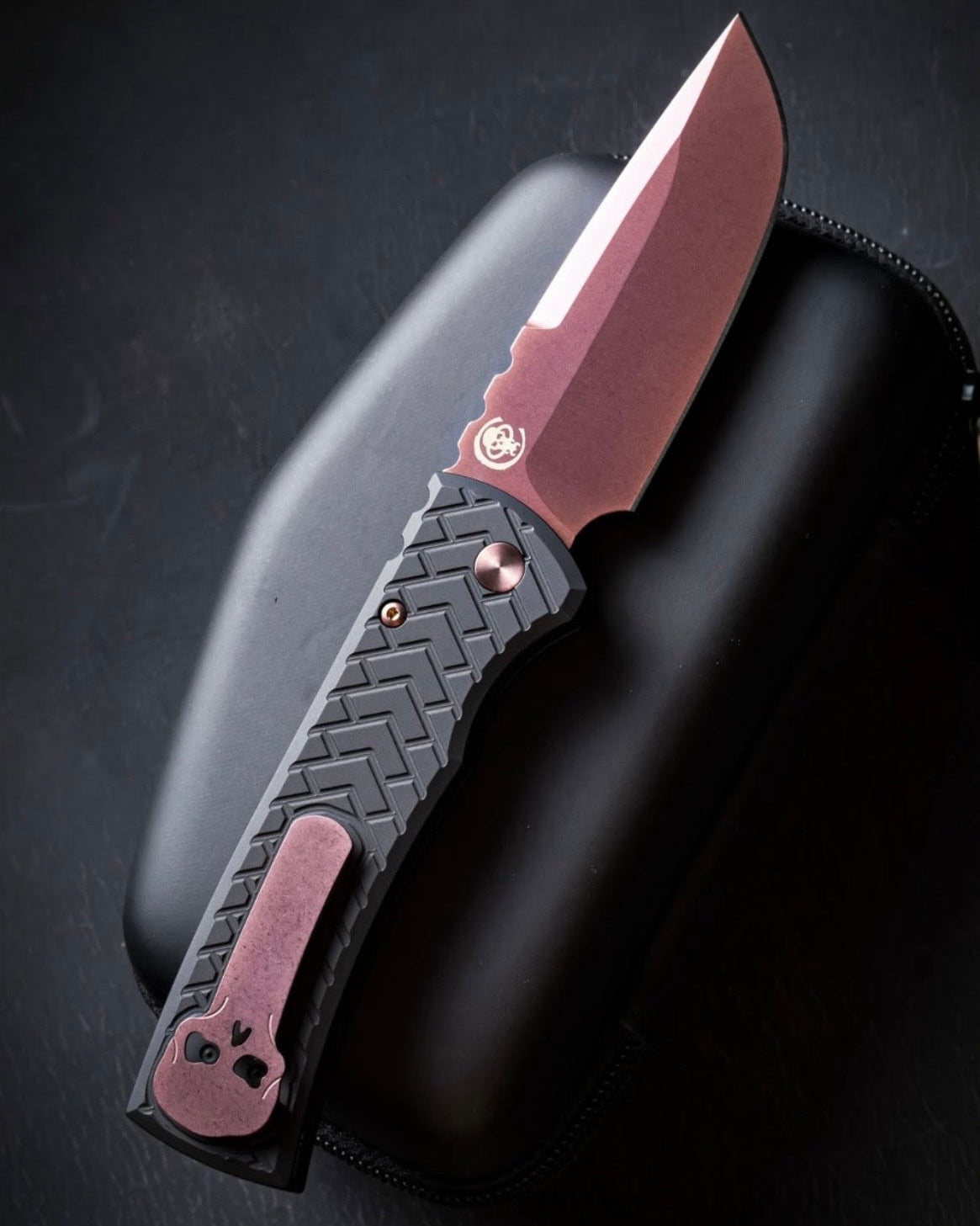 Pro-Tech x Chaves BSA26.Redencion.1 Blade Show Atlanta 26 Exclusive 229 Redencion AUTO - Black "Tread" Milled Handles - Copper Rose PVD Drop Point S35vn Blade -  Black Lip Pearl Button - Matching Copper Rose Hardware and Steel Milled Skull Clip /65