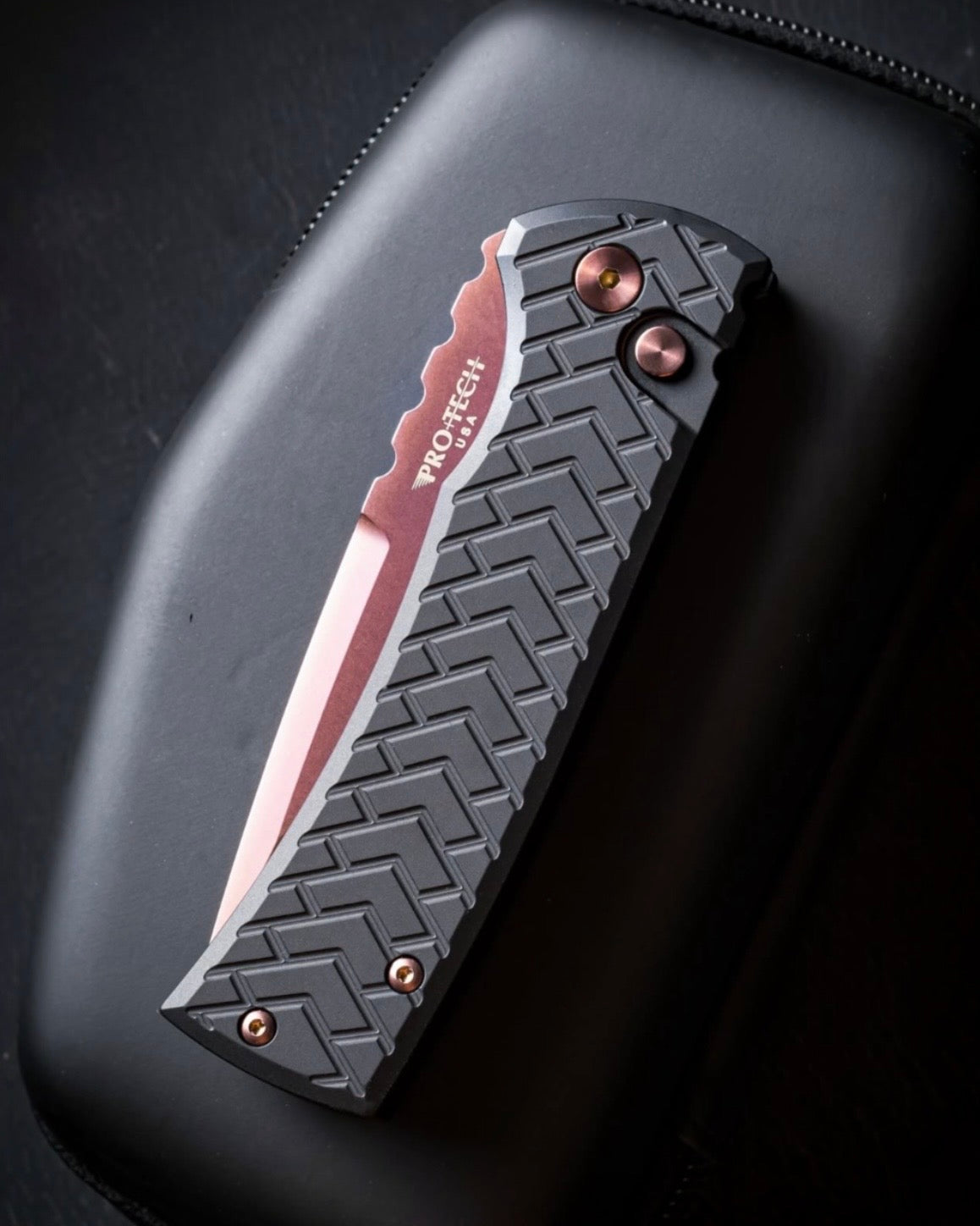 Pro-Tech x Chaves BSA26.Redencion.1 Blade Show Atlanta 26 Exclusive 229 Redencion AUTO - Black "Tread" Milled Handles - Copper Rose PVD Drop Point S35vn Blade -  Black Lip Pearl Button - Matching Copper Rose Hardware and Steel Milled Skull Clip /65