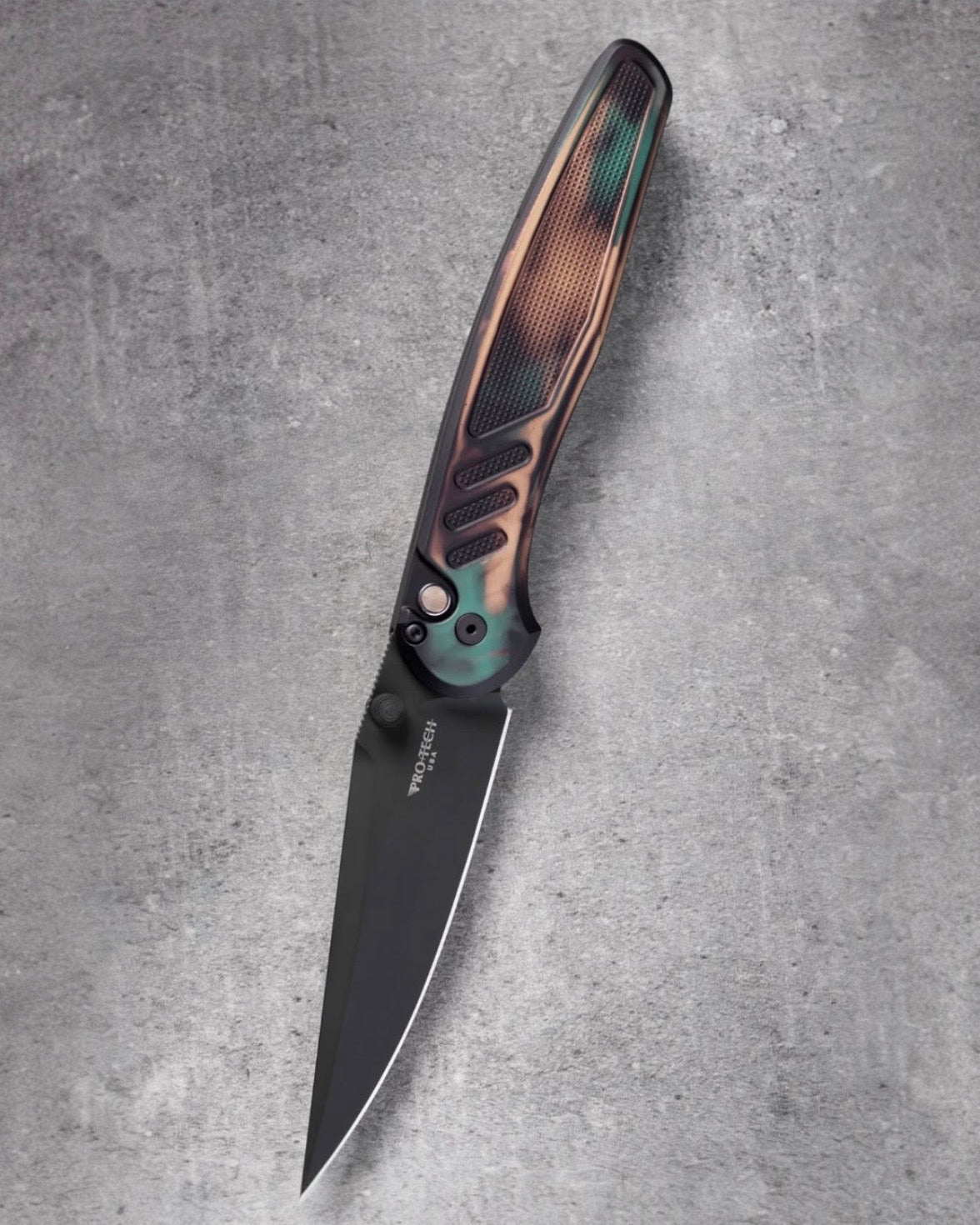 Pro-Tech x Peace Neighbor Avalon PN1103.SHIPWRECK  - Knurled "Shipwreck" Aluminum Handle - DLC Black Magnacut Blade - Black Lip Pearl Button - Black Thumb Studs and Hardware - Black Long Deep Carry Clip