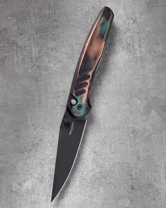 Pro-Tech x Peace Neighbor Avalon PN1103.SHIPWRECK  - Knurled "Shipwreck" Aluminum Handle - DLC Black Magnacut Blade - Black Lip Pearl Button - Black Thumb Studs and Hardware - Black Long Deep Carry Clip