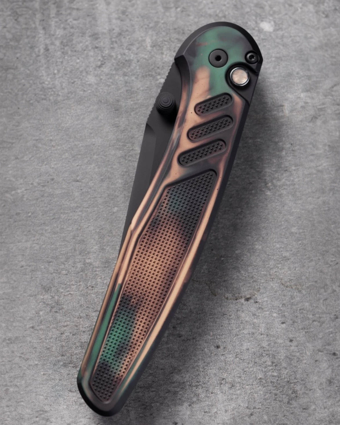 Pro-Tech x Peace Neighbor Avalon PN1103.SHIPWRECK  - Knurled "Shipwreck" Aluminum Handle - DLC Black Magnacut Blade - Black Lip Pearl Button - Black Thumb Studs and Hardware - Black Long Deep Carry Clip