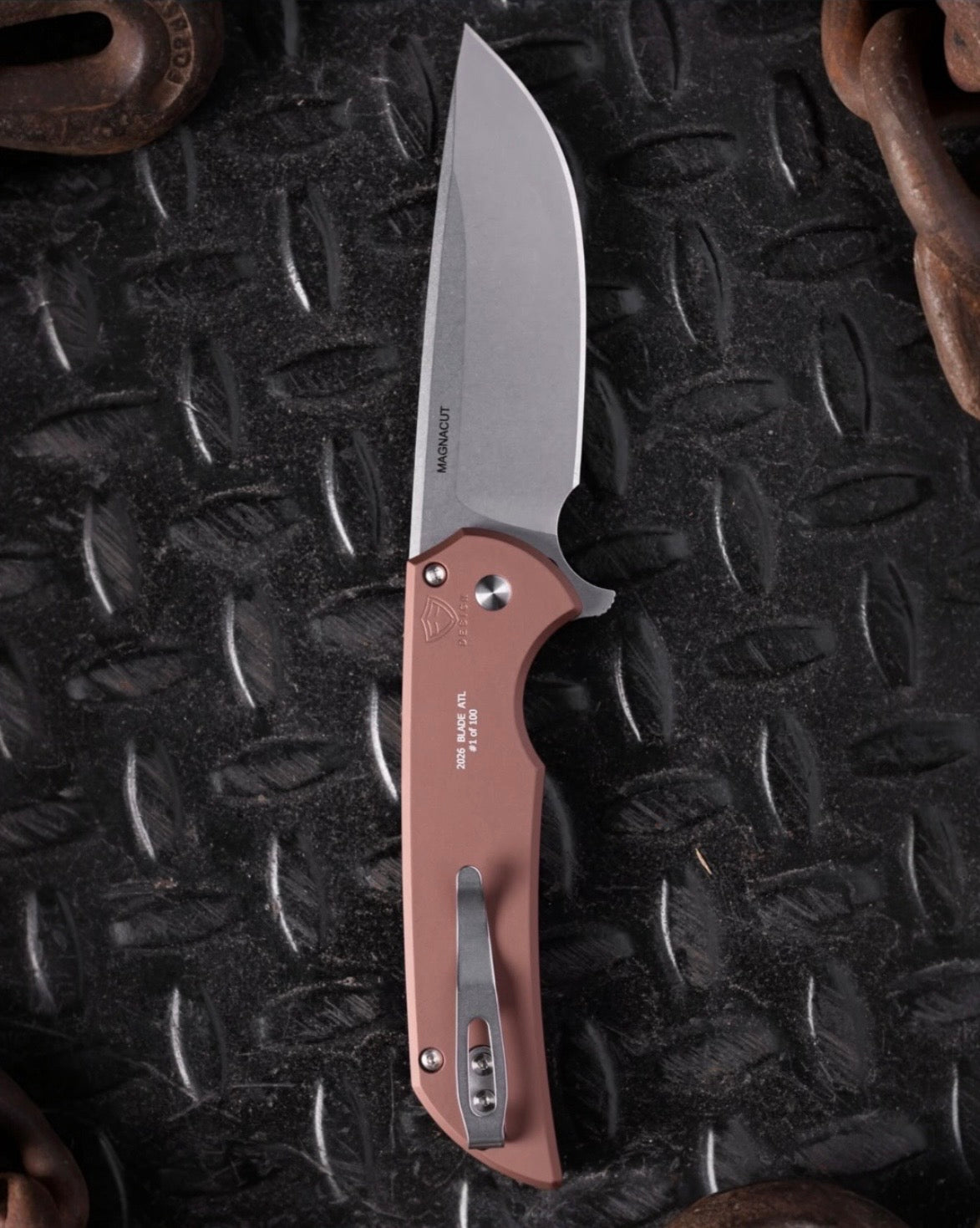 Pro-Tech BSA26.Mordax.1 Blade Show Atlanta 2026 Exclusive Mordax - Solid Brown Handle - Stonewash Magnacut Blade - White Pearl Push Button - Polished Clip /100