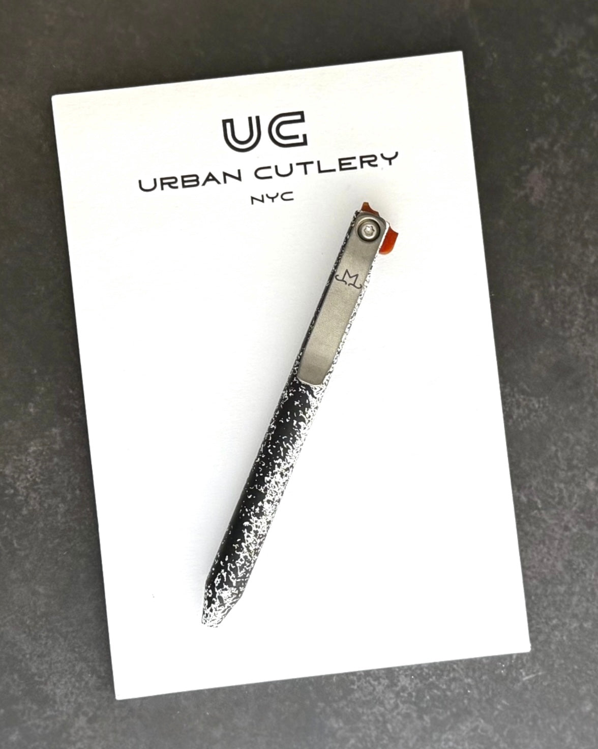 Maverick Customs flipper universal (mini) Pen - White/Black Splatter Aluminum - Butterscotch Micarta Flipper - Milled Ti Clip