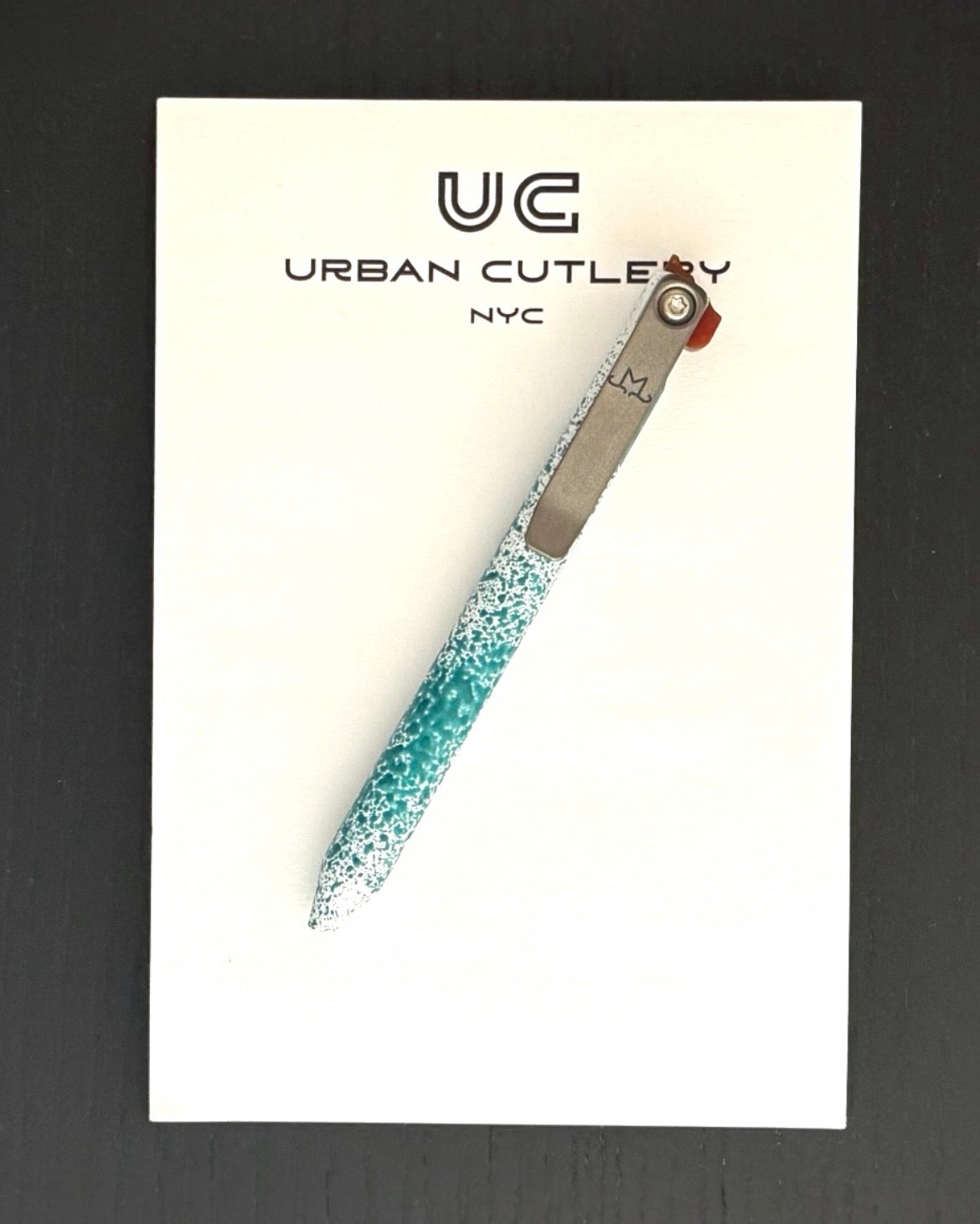 Maverick Customs flipper universal (mini) Pen - Green/White Splatter Aluminum - Butterscotch Micarta Flipper - Milled Ti Clip