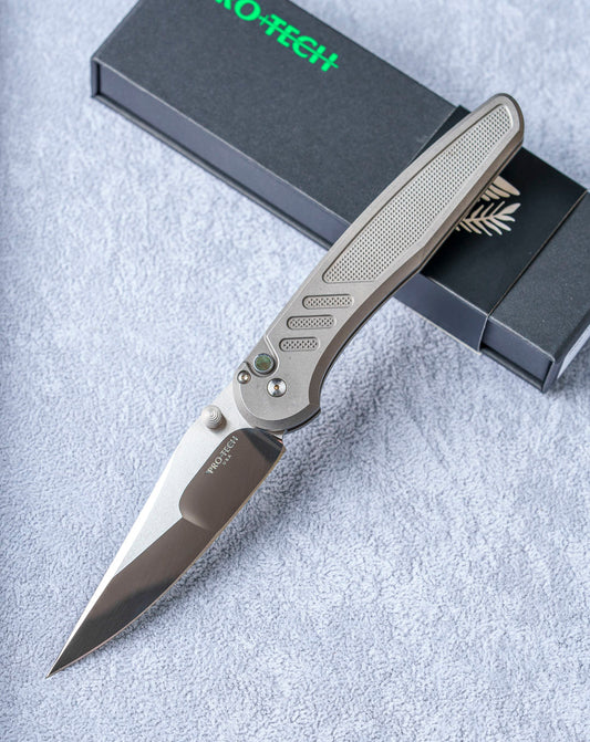 Pro-Tech-Pro-Tech Duke x Peace Neighbor Blade Show West 2026 Exclusive Custom Avalon (2026 Avalon Custom 001) - Knurled 17-4 Heat Treated Steel Handle - Mirror Polished Mike Irie Compound Ground 154CM Blade - Black Lip Pearl Button - Satin Thumb Studs /50-1-Urban Cutlery