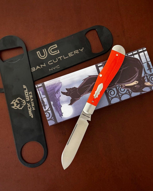 Jack Wolf Knives-Jack Wolf Knives GATEWAY EUREKA - VIBE BENGAL ORANGE LINEN MICARTA-1-Urban Cutlery