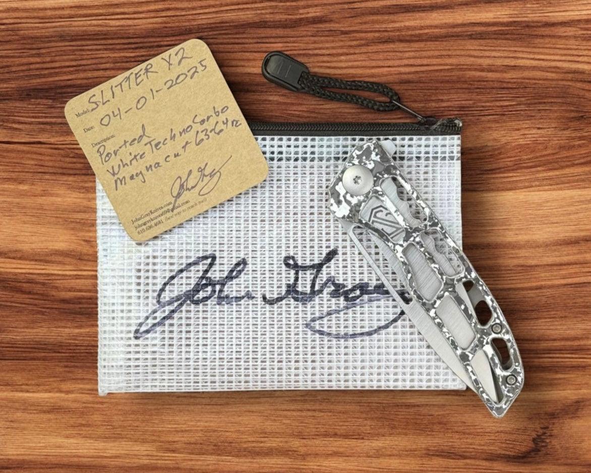 John Gray-John Gray Slitter V2, Satin Combo-Edge Magnacut Blade, White TechnoCarbon, Textured Titanium Handle, Skeletonized-2-Urban Cutlery
