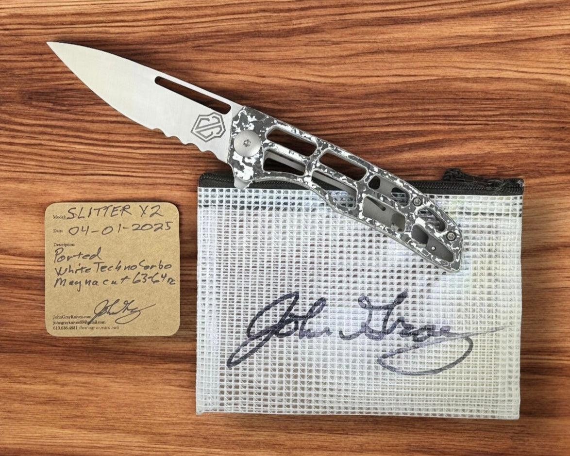 John Gray-John Gray Slitter V2, Satin Combo-Edge Magnacut Blade, White TechnoCarbon, Textured Titanium Handle, Skeletonized-3-Urban Cutlery