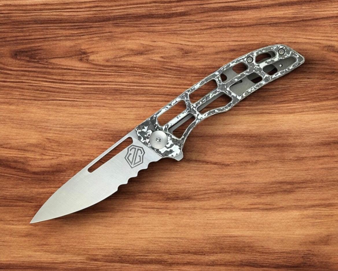 John Gray-John Gray Slitter V2, Satin Combo-Edge Magnacut Blade, White TechnoCarbon, Textured Titanium Handle, Skeletonized-4-Urban Cutlery