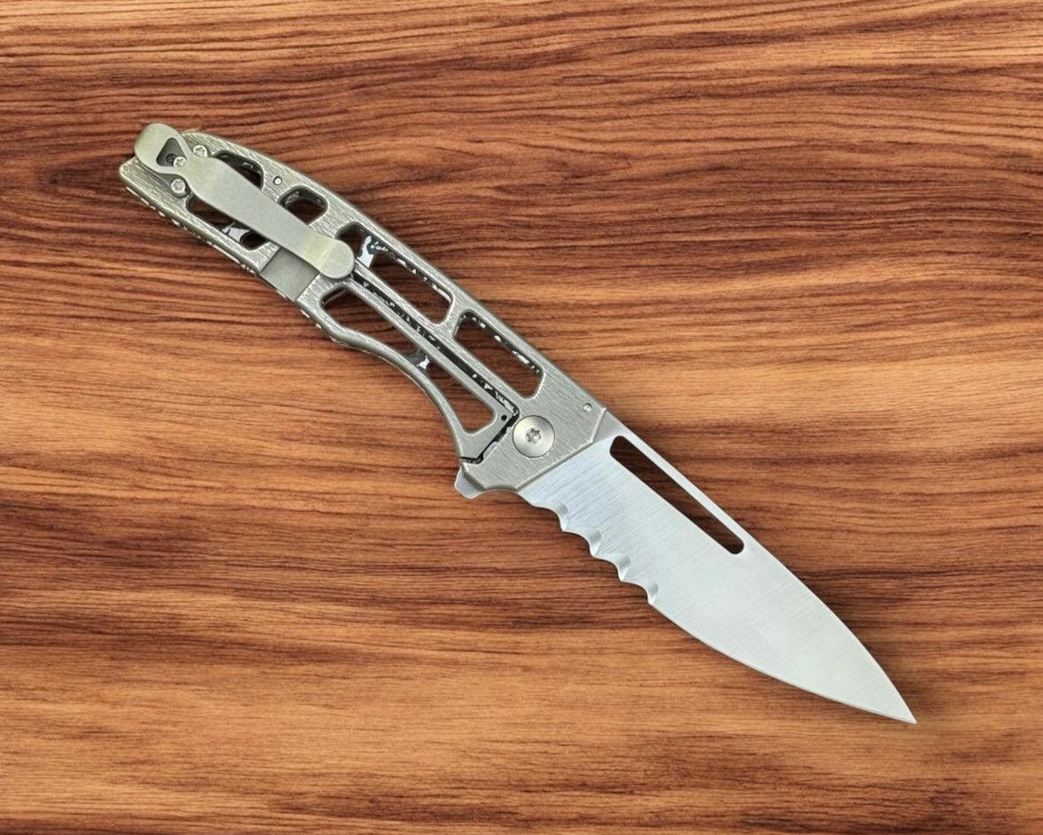 John Gray-John Gray Slitter V2, Satin Combo-Edge Magnacut Blade, White TechnoCarbon, Textured Titanium Handle, Skeletonized-5-Urban Cutlery