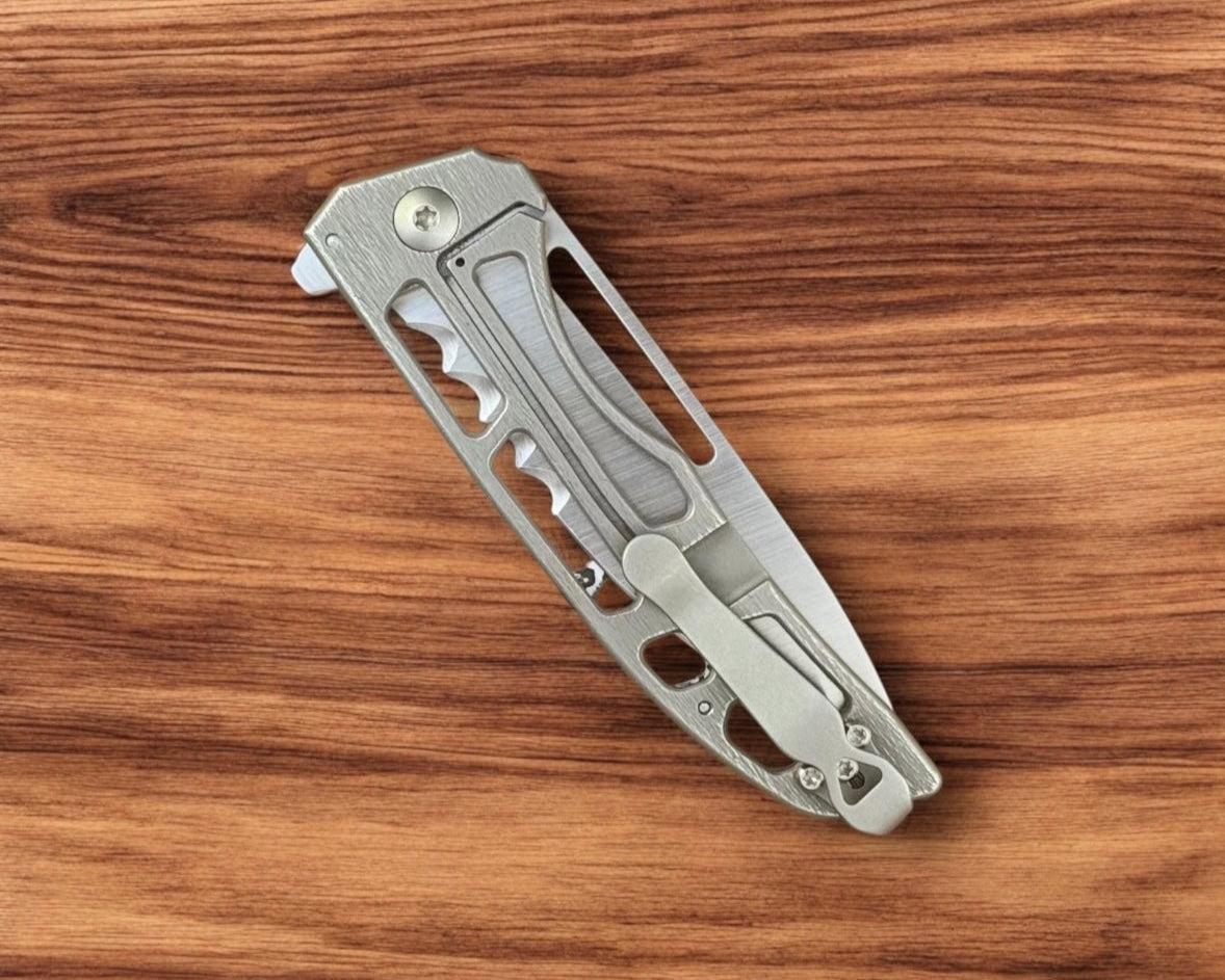 John Gray-John Gray Slitter V2, Satin Combo-Edge Magnacut Blade, White TechnoCarbon, Textured Titanium Handle, Skeletonized-6-Urban Cutlery