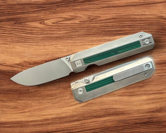 Knife Standards-Knife Standards RR3 - Orange Peel w/ Emerald Crazy Fiber Inlay Handle - Belt Satin Vanax SuperClean Blade - Milled Pocket Clip-1-Urban Cutlery