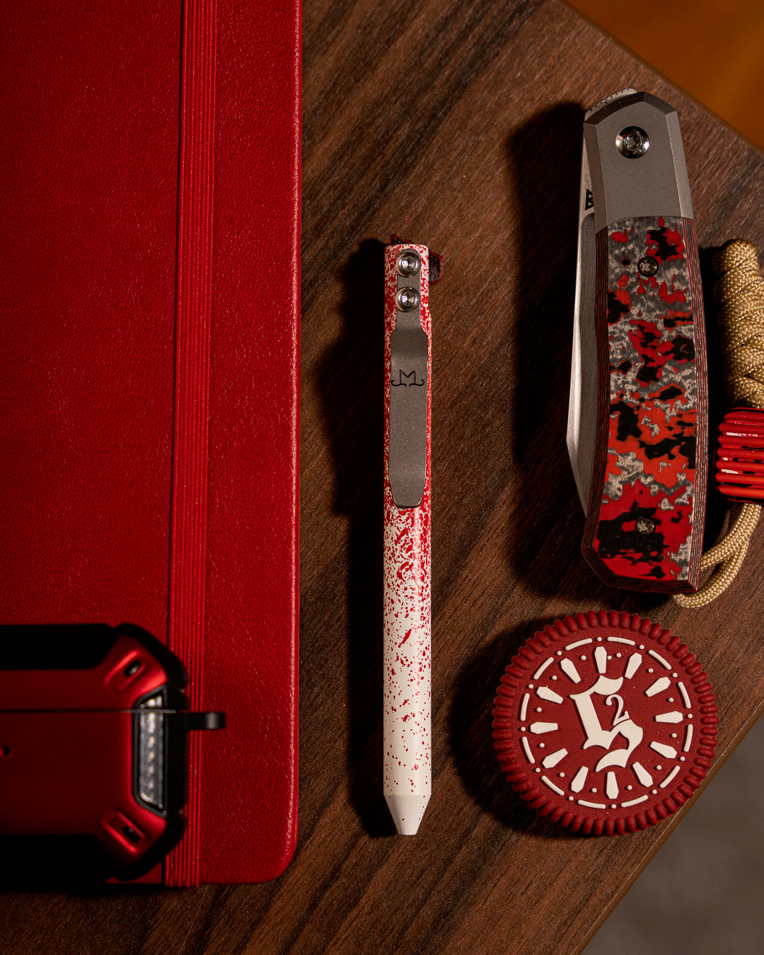 Maverick Customs Flipper Universal Pen - White/Red Splatter Cerakote Aluminum - Camo G10 Flipper