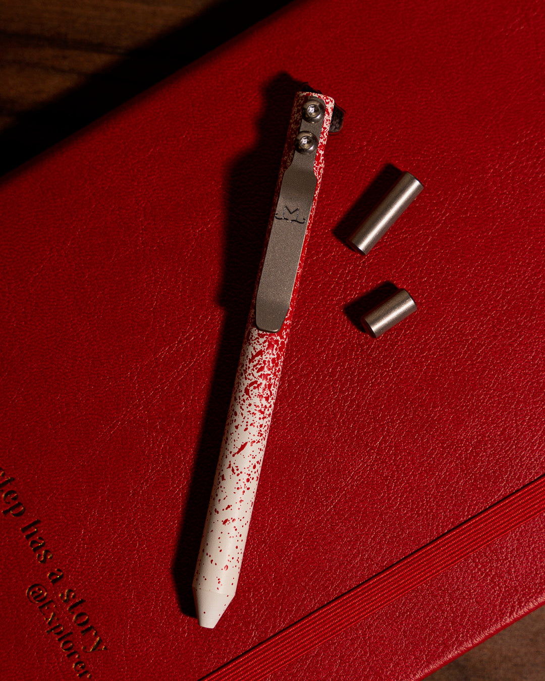 Maverick Customs Flipper Universal Pen - White/Red Splatter Cerakote Aluminum - Camo G10 Flipper