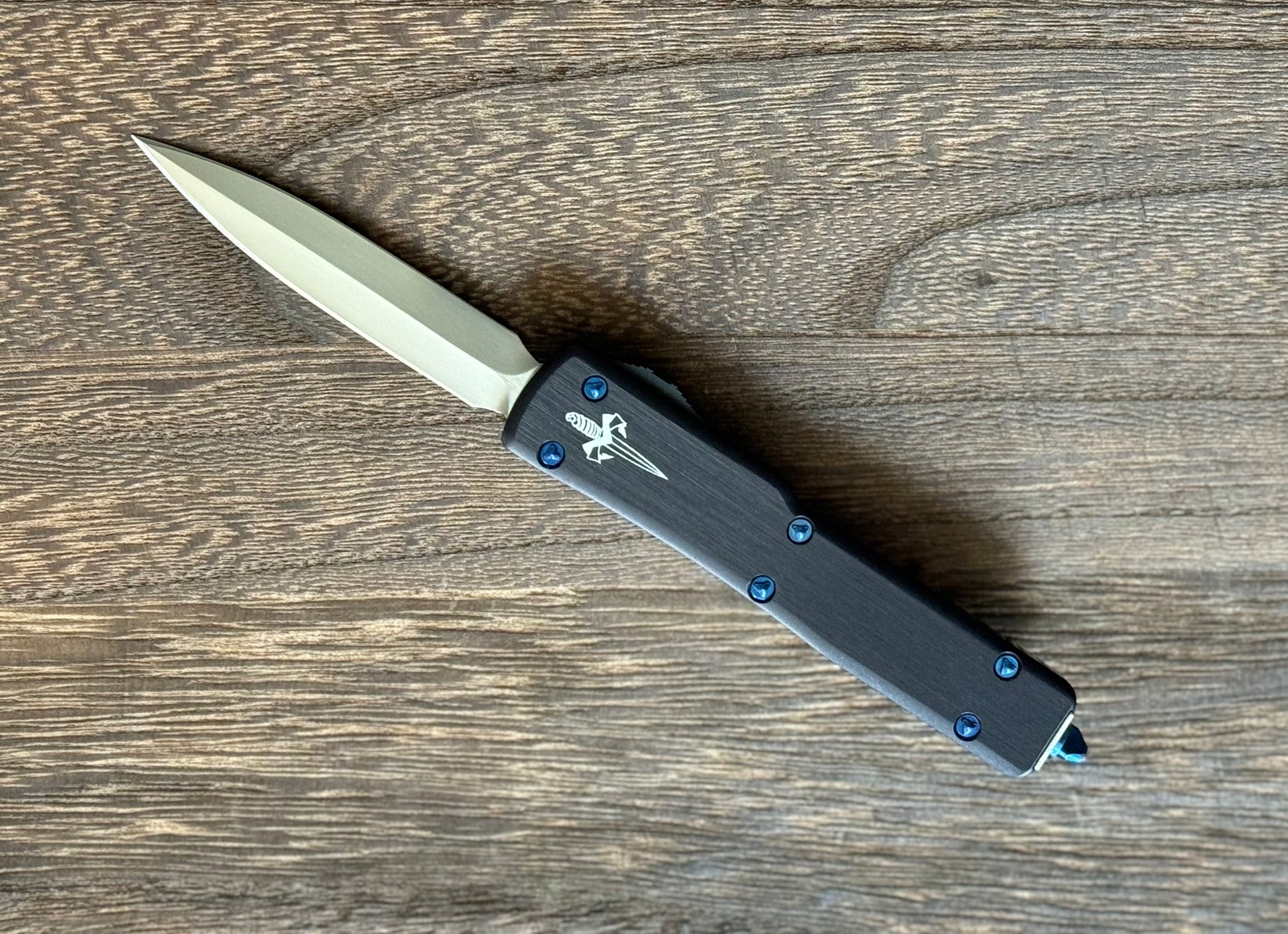 Marfione Custom Knives-Marfione Custom UTX-70 Double Edge Hand Rubbed Satin Blade Blue Ti Hardware Serialized SN #015 - Brand New-1-Urban Cutlery
