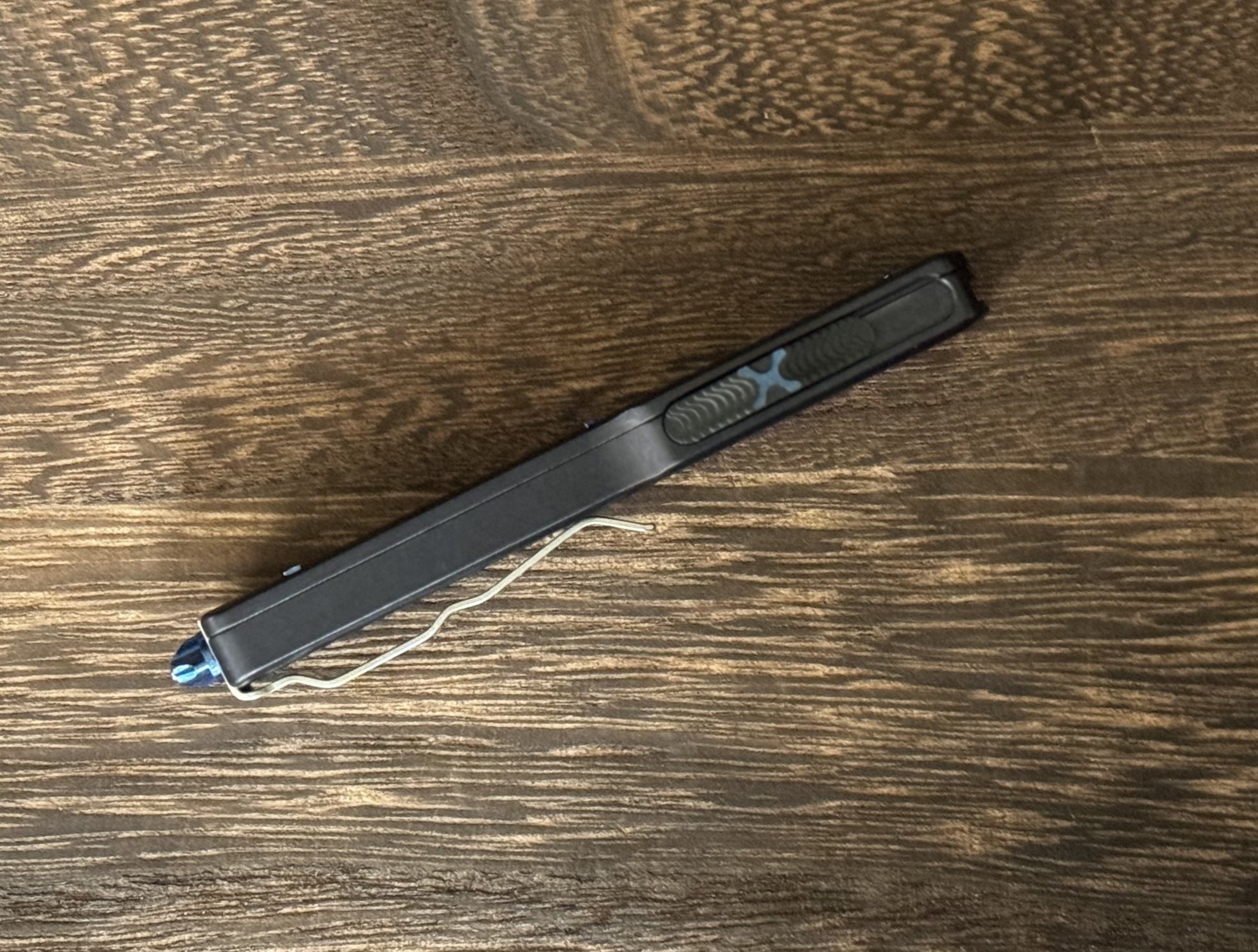 Marfione Custom Knives-Marfione Custom UTX-70 Double Edge Hand Rubbed Satin Blade Blue Ti Hardware Serialized SN #015 - Brand New-5-Urban Cutlery