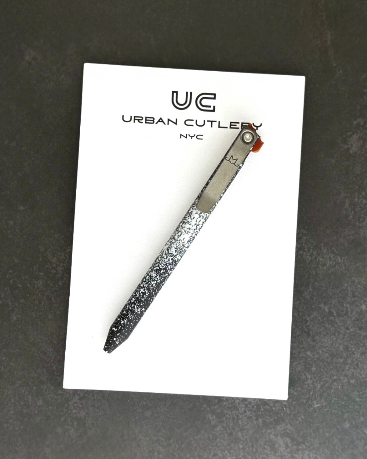 Maverick Customs-Maverick Customs Flipper Universal Pen - Black/White Splatter Aluminum - Butterscotch Micarta Flipper - Milled Ti Clip-1-Urban Cutlery