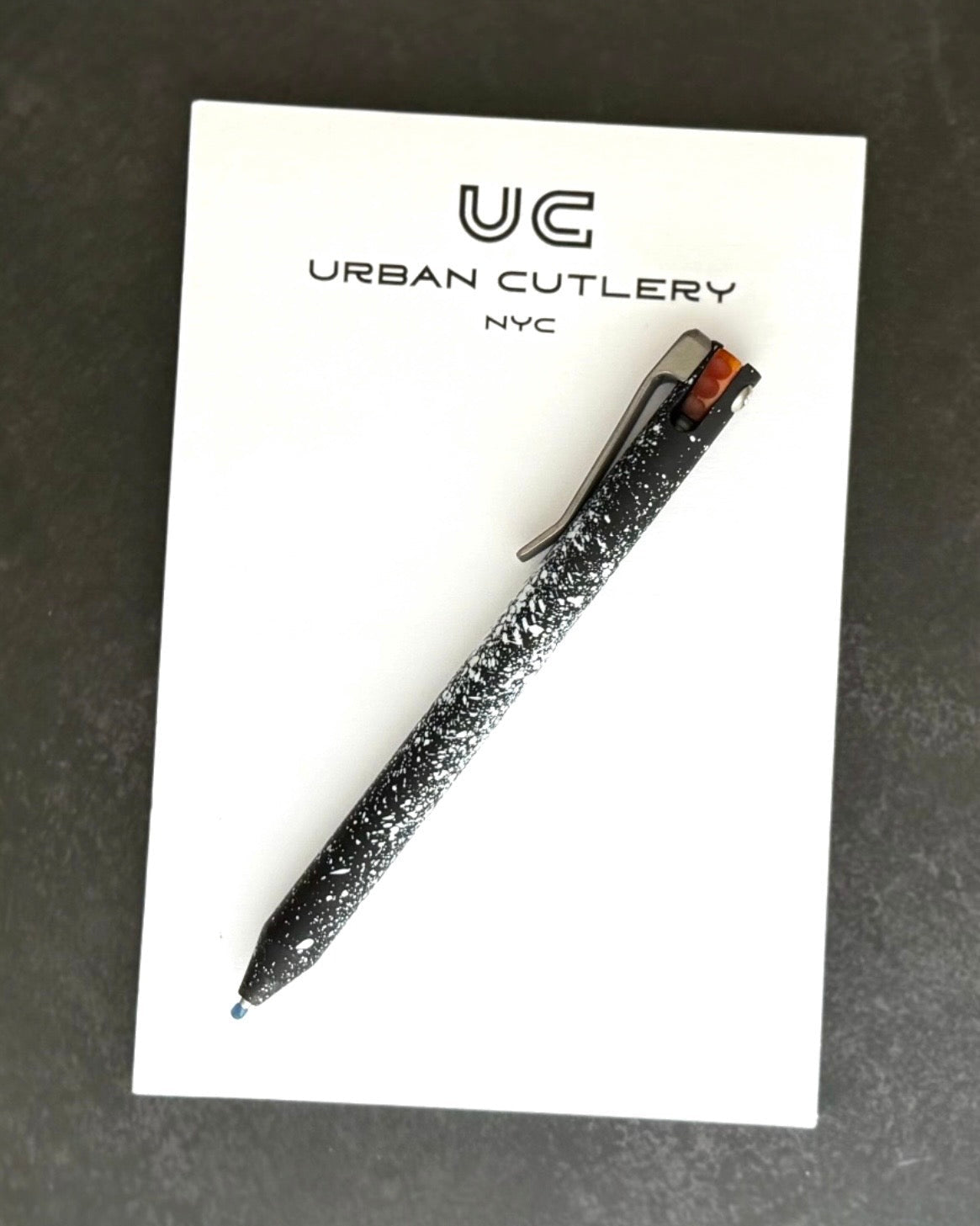 Maverick Customs-Maverick Customs Flipper Universal Pen - Black/White Splatter Aluminum - Butterscotch Micarta Flipper - Milled Ti Clip-2-Urban Cutlery