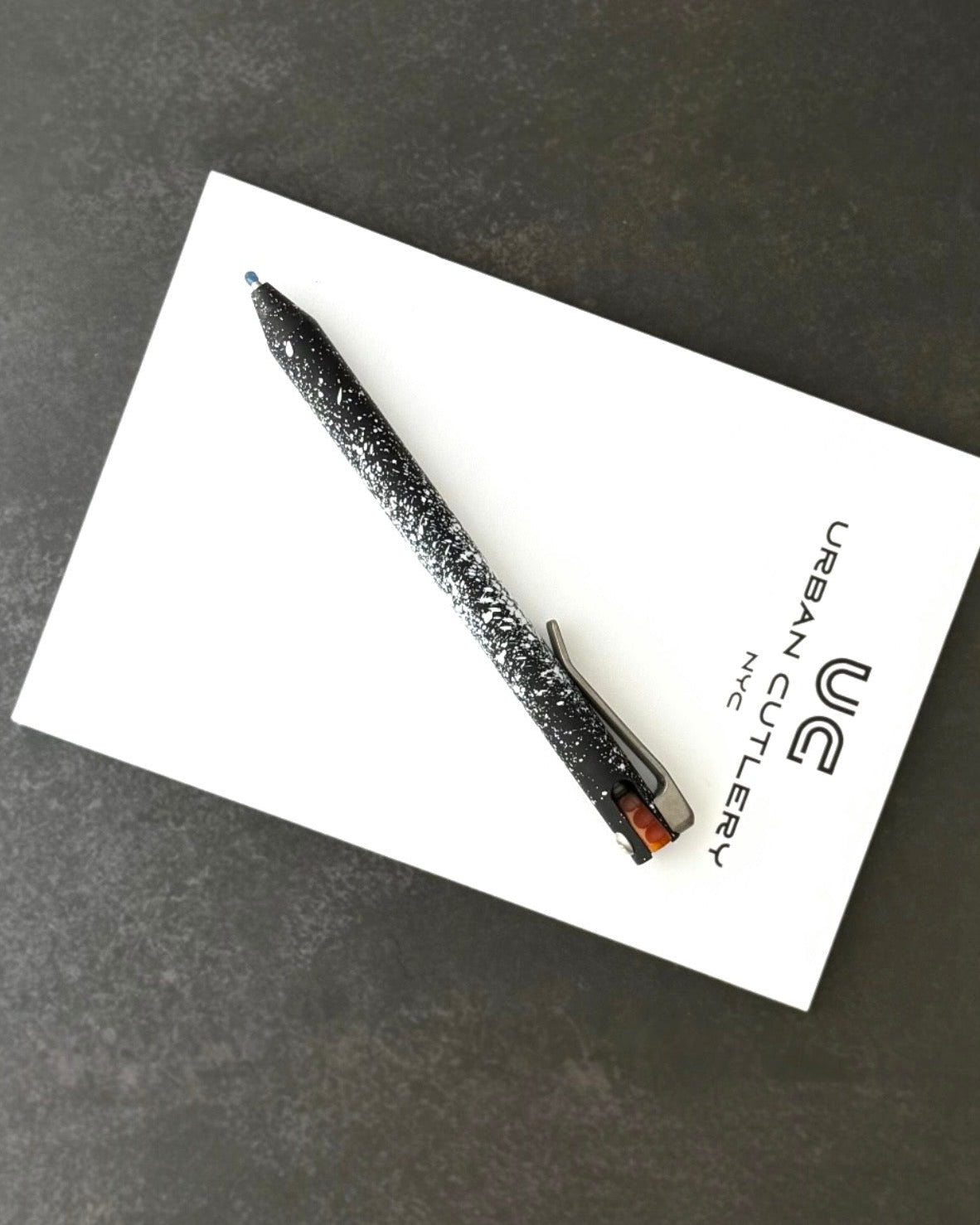 Maverick Customs-Maverick Customs Flipper Universal Pen - Black/White Splatter Aluminum - Butterscotch Micarta Flipper - Milled Ti Clip-3-Urban Cutlery