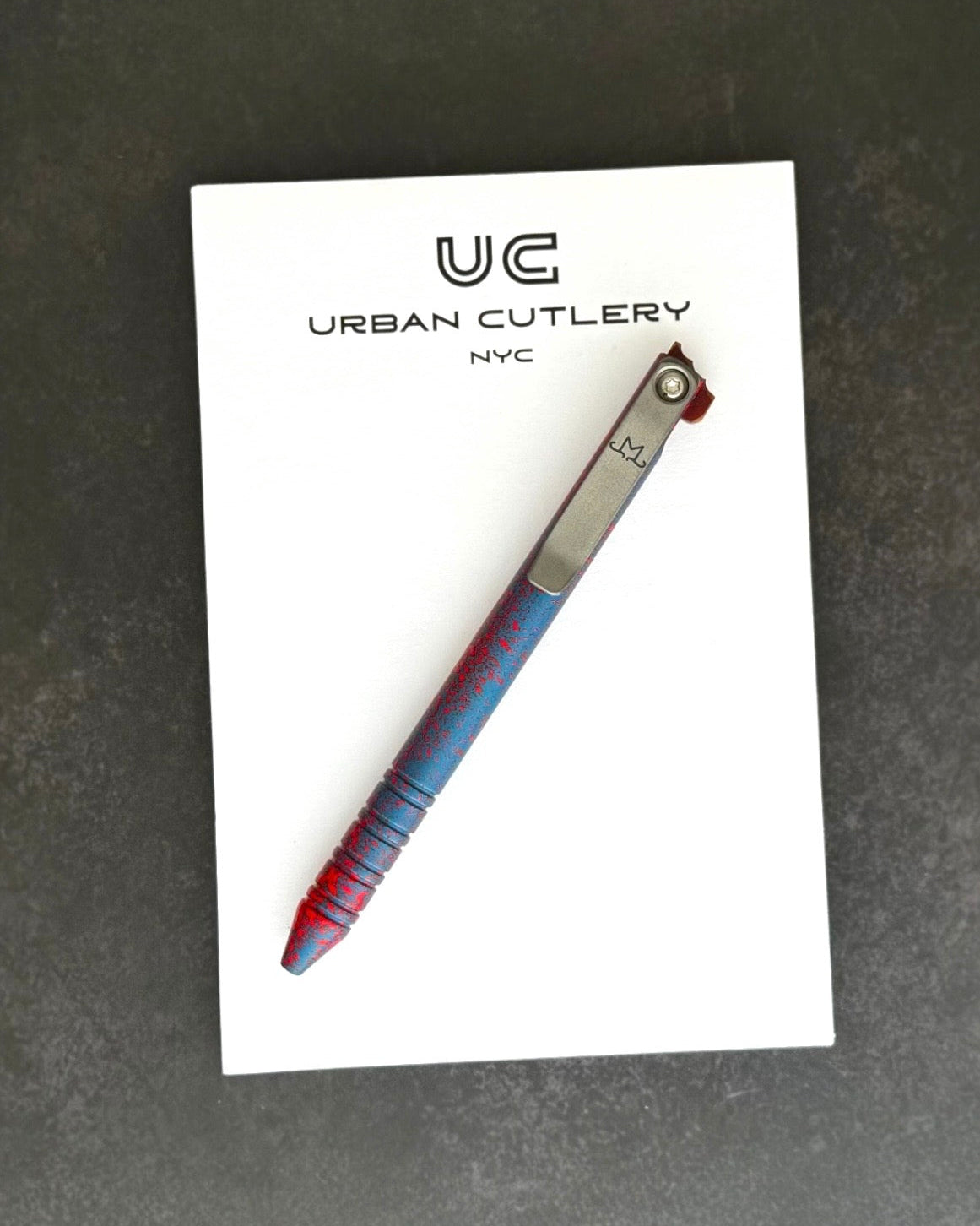 Maverick Customs-Maverick Customs Flipper Universal Pen - Blue/Red Splatter Aluminum - Butterscotch Micarta Flipper - Milled Ti Clip-1-Urban Cutlery