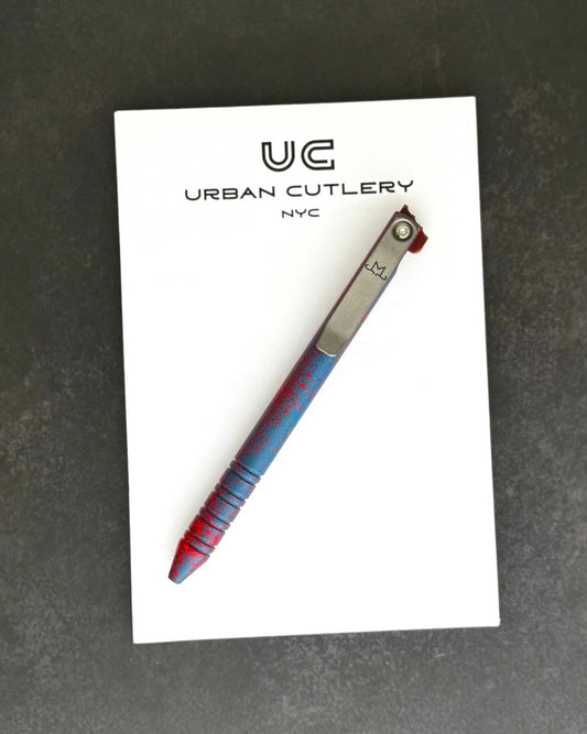 Maverick Customs-Maverick Customs Flipper Universal Pen - Blue/Red Splatter Aluminum - Butterscotch Micarta Flipper - Milled Ti Clip-1-Urban Cutlery