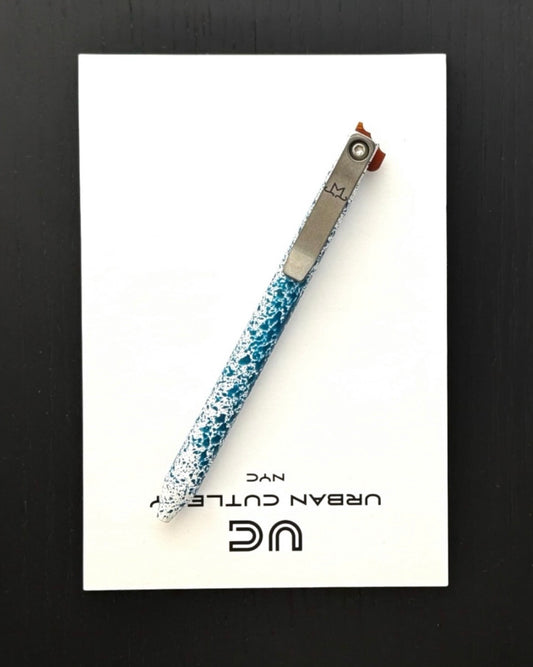 Maverick Customs-Maverick Customs Flipper Universal Pen - Blue/White Splatter Aluminum - Butterscotch Micarta Flipper - Milled Ti Clip-1-Urban Cutlery