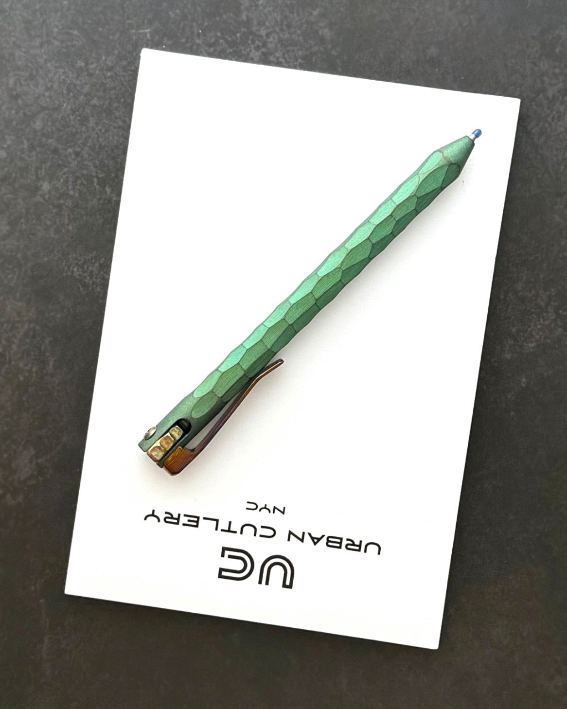 Maverick Customs-Maverick Customs Flipper Universal Pen - Full Sculpted Green Anodized Ti - Timascus Flipper - Milled Timascus Clip-3-Urban Cutlery