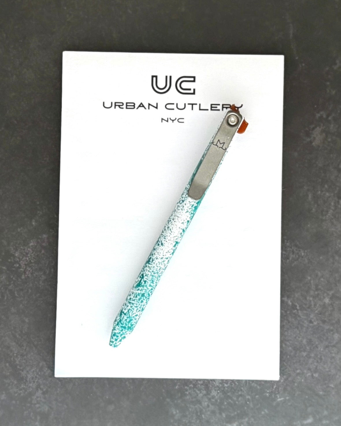 Maverick Customs-Maverick Customs Flipper Universal Pen - Green/White Splatter Aluminum - Butterscotch Micarta Flipper - Milled Ti Clip-1-Urban Cutlery