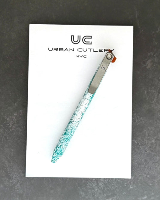 Maverick Customs-Maverick Customs Flipper Universal Pen - Green/White Splatter Aluminum - Butterscotch Micarta Flipper - Milled Ti Clip-1-Urban Cutlery