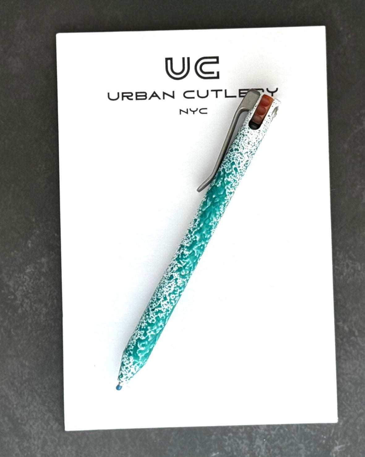 Maverick Customs-Maverick Customs Flipper Universal Pen - Green/White Splatter Aluminum - Butterscotch Micarta Flipper - Milled Ti Clip-2-Urban Cutlery