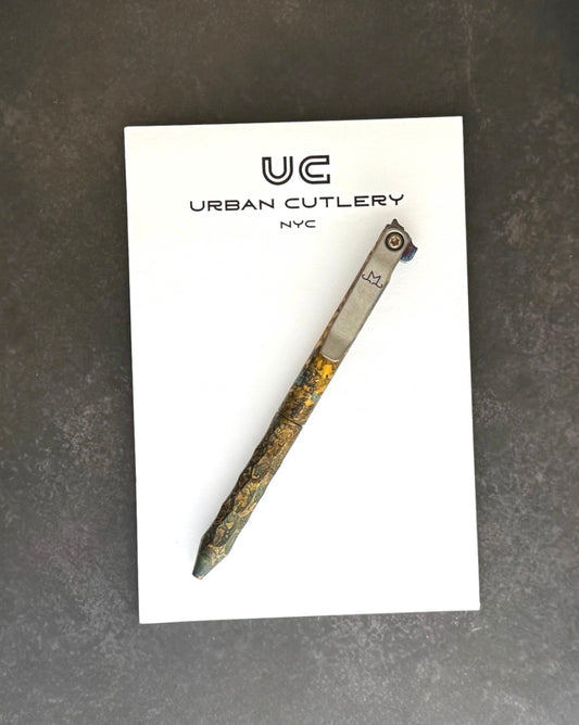 Maverick Customs-Maverick Customs Flipper Universal Pen - Half Sculpted Shipwrecked Brass - Ti Flipper - Milled Ti Clip-1-Urban Cutlery