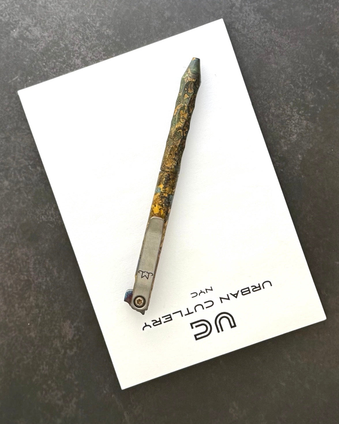 Maverick Customs-Maverick Customs Flipper Universal Pen - Half Sculpted Shipwrecked Brass - Ti Flipper - Milled Ti Clip-3-Urban Cutlery