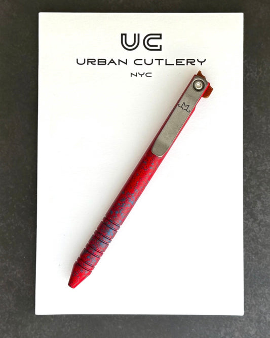 Maverick Customs-Maverick Customs Flipper Universal Pen - Red/Blue Splatter Aluminum - Butterscotch Micarta Flipper - Milled Ti Clip-1-Urban Cutlery