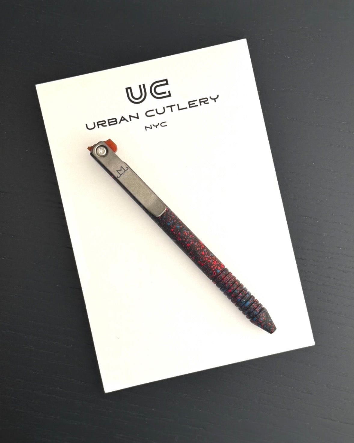 Maverick Customs-Maverick Customs Flipper Universal Pen - Red/Blue/Black Splatter Aluminum - Butterscotch Micarta Flipper - Milled Ti Clip-1-Urban Cutlery