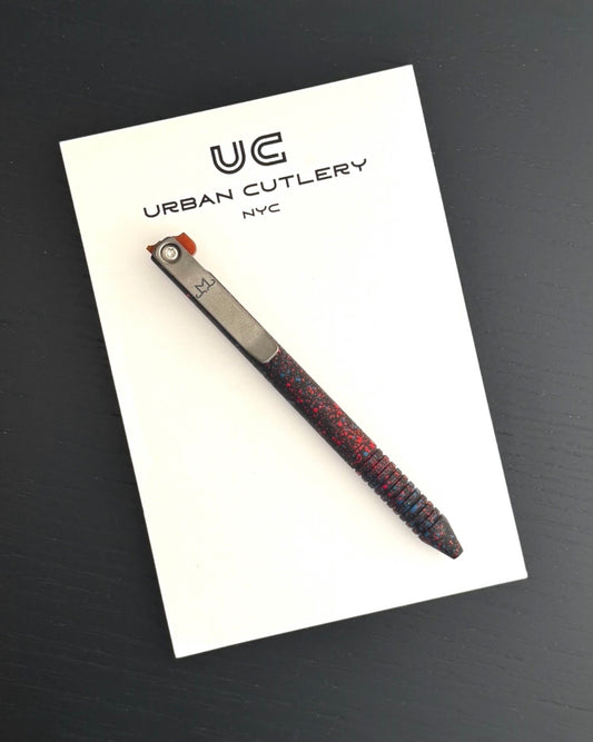 Maverick Customs-Maverick Customs Flipper Universal Pen - Red/Blue/Black Splatter Aluminum - Butterscotch Micarta Flipper - Milled Ti Clip-1-Urban Cutlery