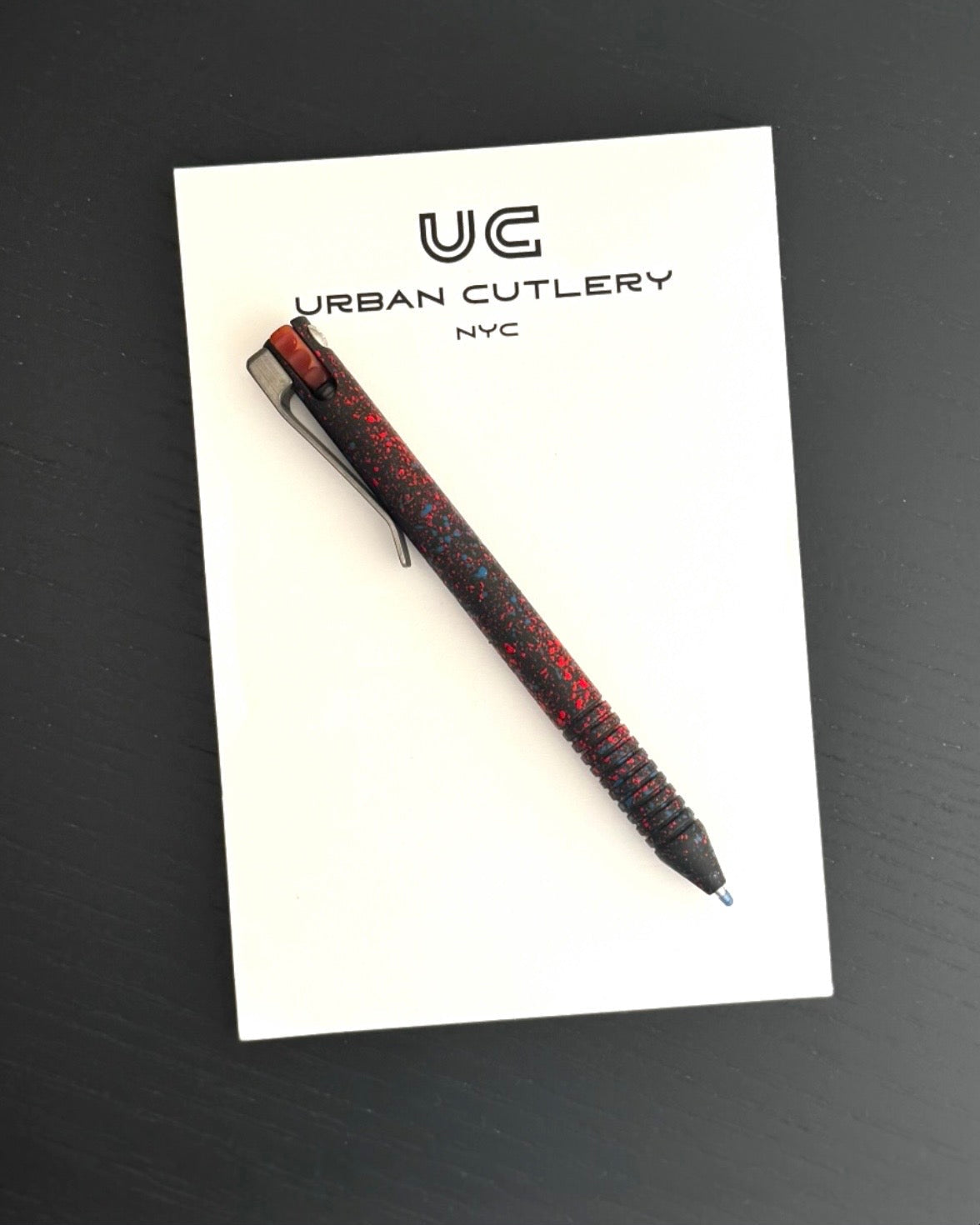 Maverick Customs-Maverick Customs Flipper Universal Pen - Red/Blue/Black Splatter Aluminum - Butterscotch Micarta Flipper - Milled Ti Clip-2-Urban Cutlery