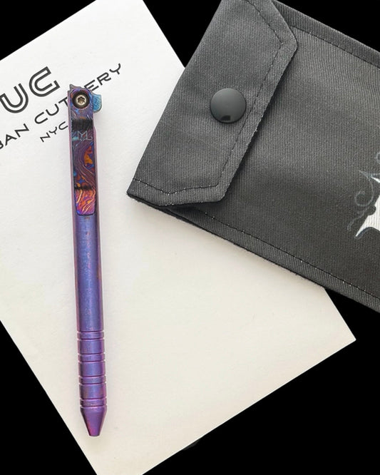 Maverick Customs-Maverick Customs Flipper Universal Pen - Ringed Crystalized Ti - Timascus Flipper - Timascus Milled Clip-1-Urban Cutlery