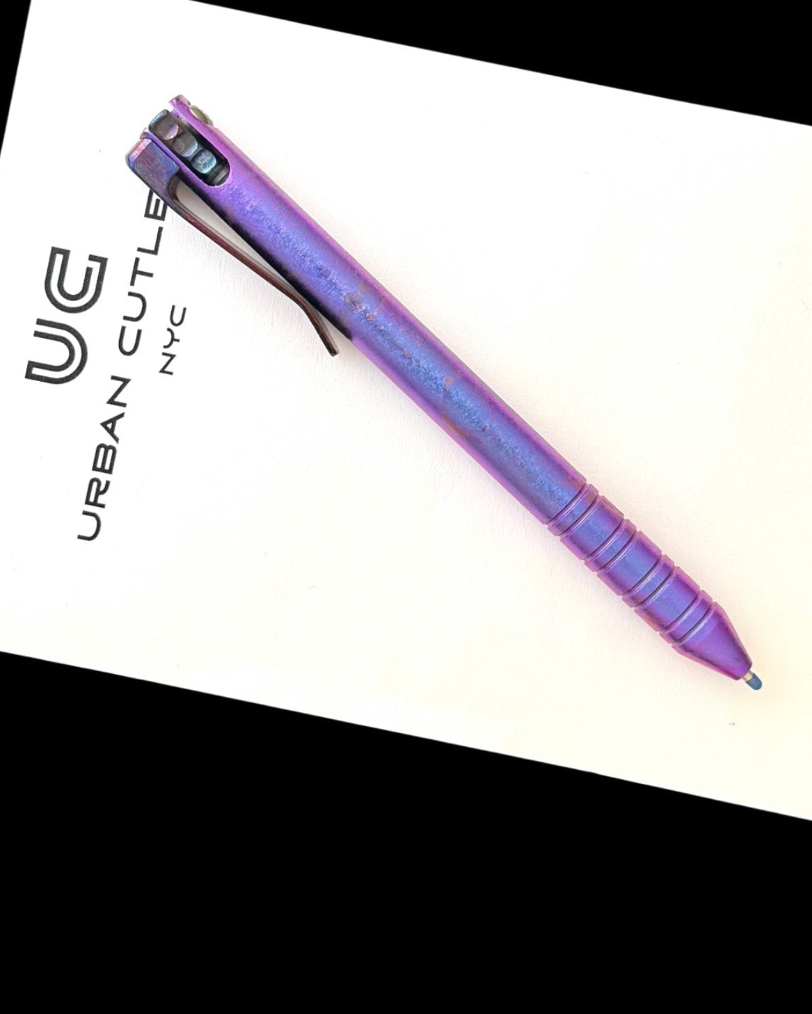 Maverick Customs-Maverick Customs Flipper Universal Pen - Ringed Crystalized Ti - Timascus Flipper - Timascus Milled Clip-2-Urban Cutlery