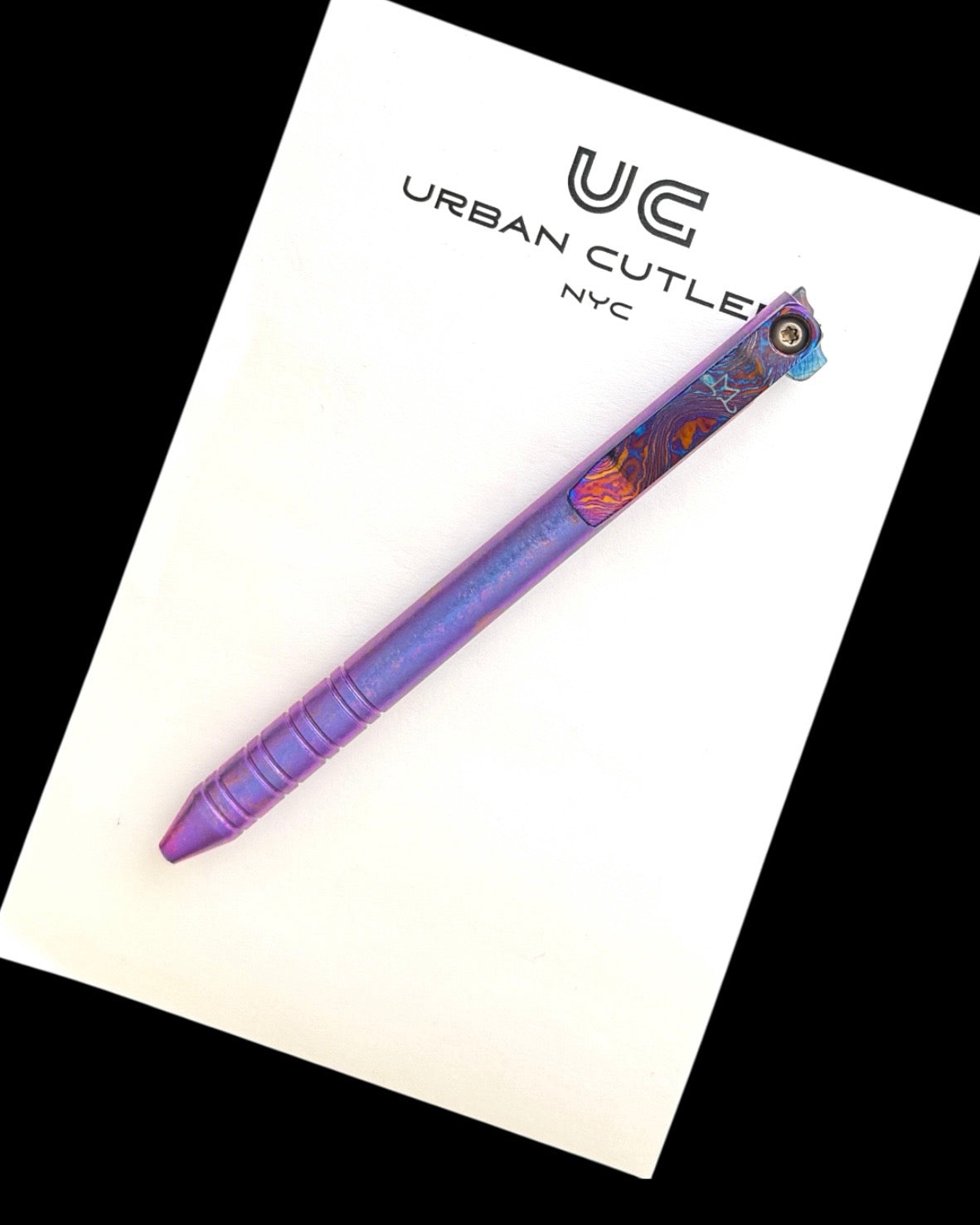 Maverick Customs-Maverick Customs Flipper Universal Pen - Ringed Crystalized Ti - Timascus Flipper - Timascus Milled Clip-3-Urban Cutlery