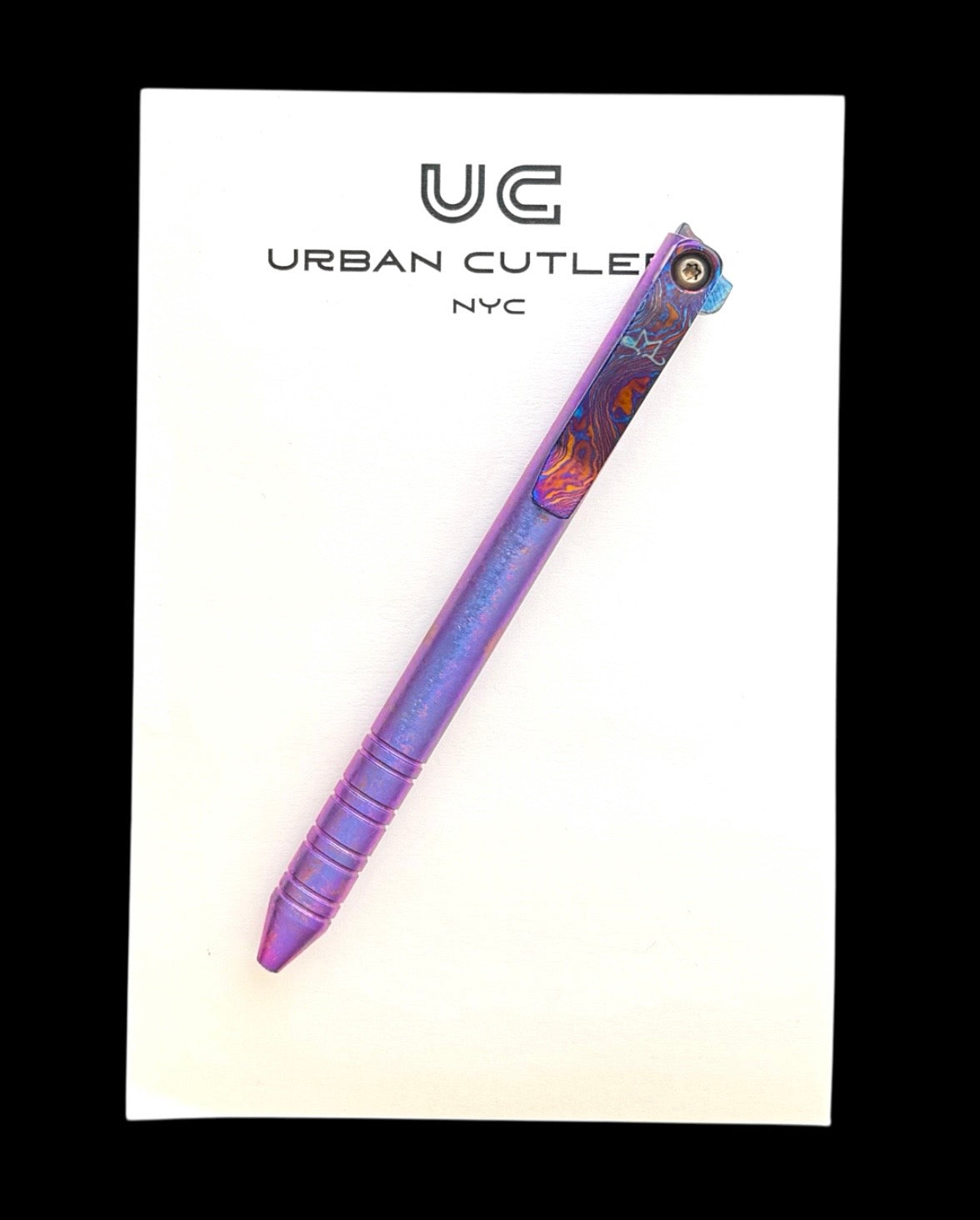 Maverick Customs-Maverick Customs Flipper Universal Pen - Ringed Crystalized Ti - Timascus Flipper - Timascus Milled Clip-4-Urban Cutlery
