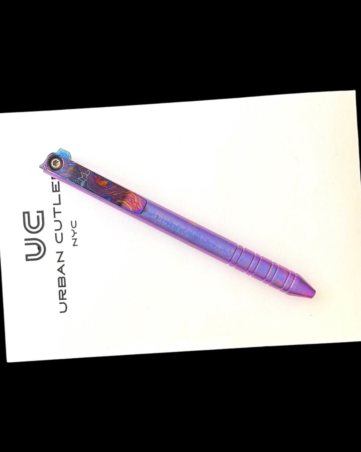 Maverick Customs-Maverick Customs Flipper Universal Pen - Ringed Crystalized Ti - Timascus Flipper - Timascus Milled Clip-5-Urban Cutlery