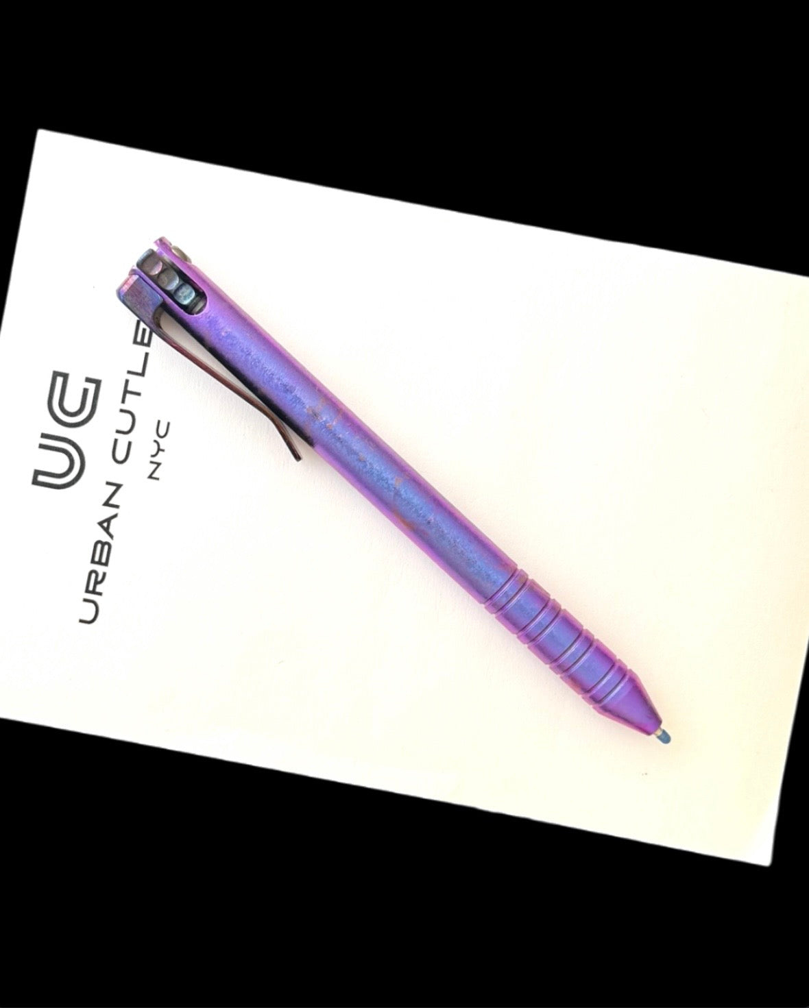 Maverick Customs-Maverick Customs Flipper Universal Pen - Ringed Crystalized Ti - Timascus Flipper - Timascus Milled Clip-6-Urban Cutlery