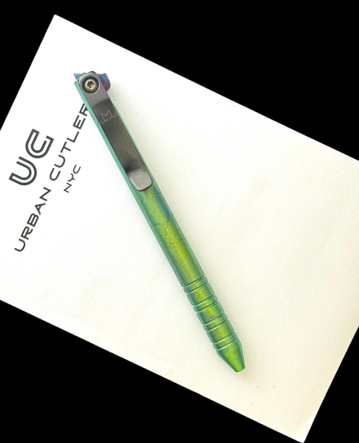 Maverick Customs-Maverick Customs Flipper Universal Pen - Ringed Crystalized Ti - Timascus Flipper - Zirconium Milled Clip-2-Urban Cutlery