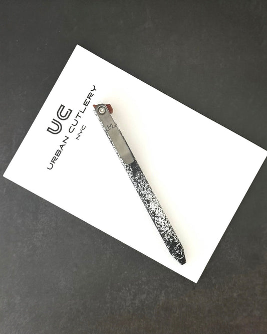 Maverick Customs-Maverick Customs Flipper Universal Pen - White/Black Splatter Aluminum - Butterscotch Micarta Flipper - Milled Ti Clip-1-Urban Cutlery