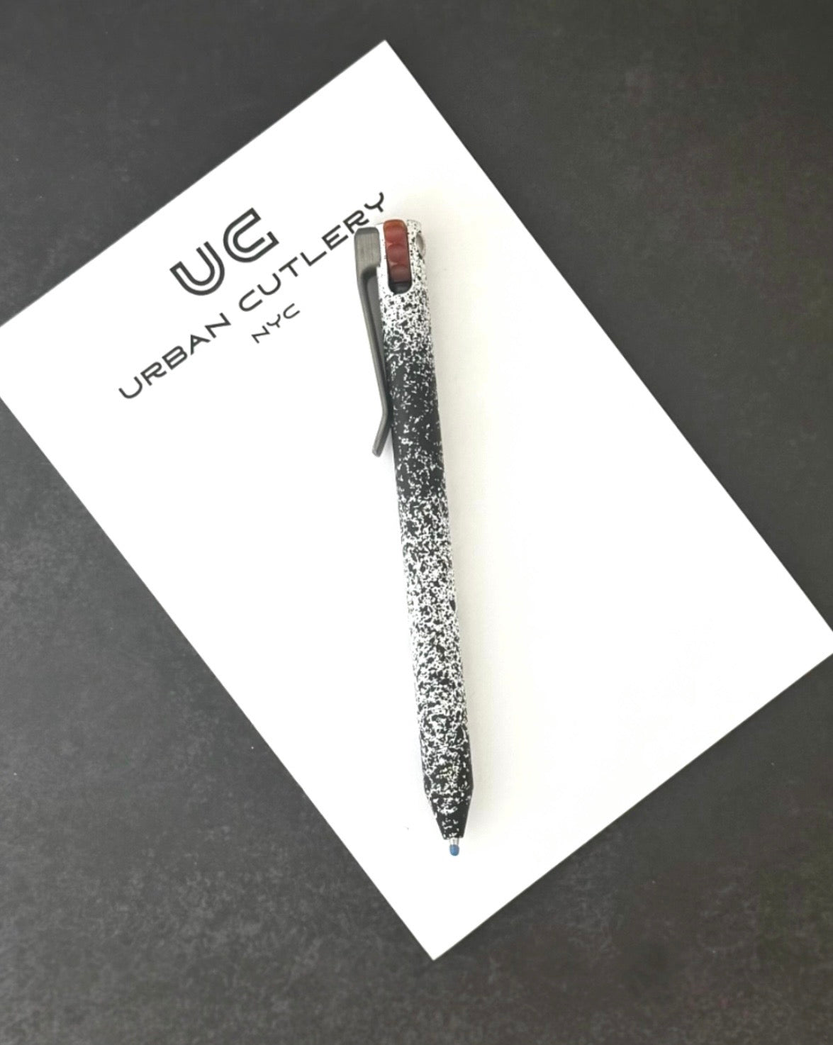 Maverick Customs-Maverick Customs Flipper Universal Pen - White/Black Splatter Aluminum - Butterscotch Micarta Flipper - Milled Ti Clip-2-Urban Cutlery