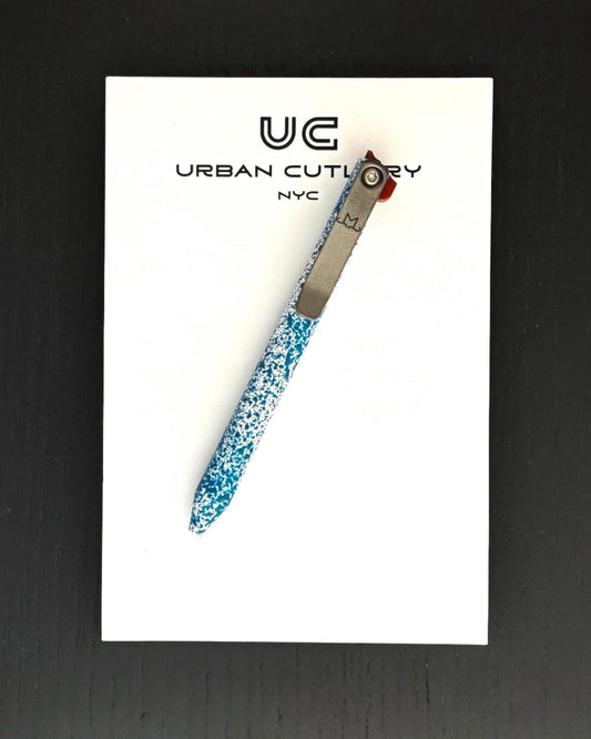 Maverick Customs-Maverick Customs flipper universal (mini) Pen - Blue/White Splatter Aluminum - Butterscotch Micarta Flipper - Milled Ti Clip-1-Urban Cutlery